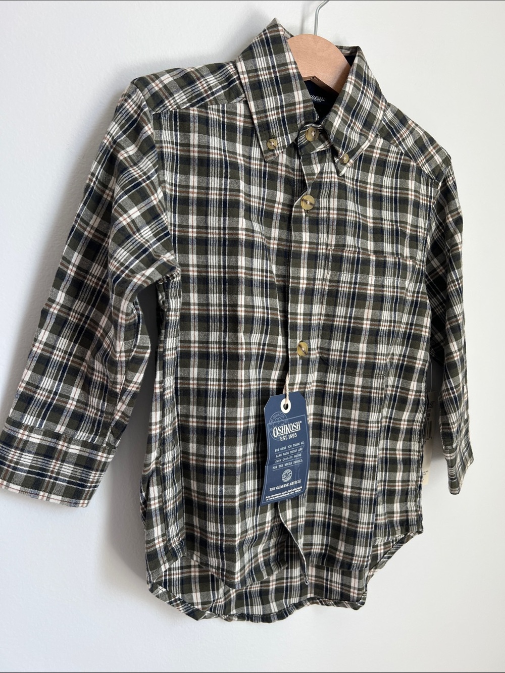 OshKosh B'gosh | 100% Cotton Olive Cream Navy Plaid Button-Down Shirt NWT Sz 3T - Picture 6 of 16